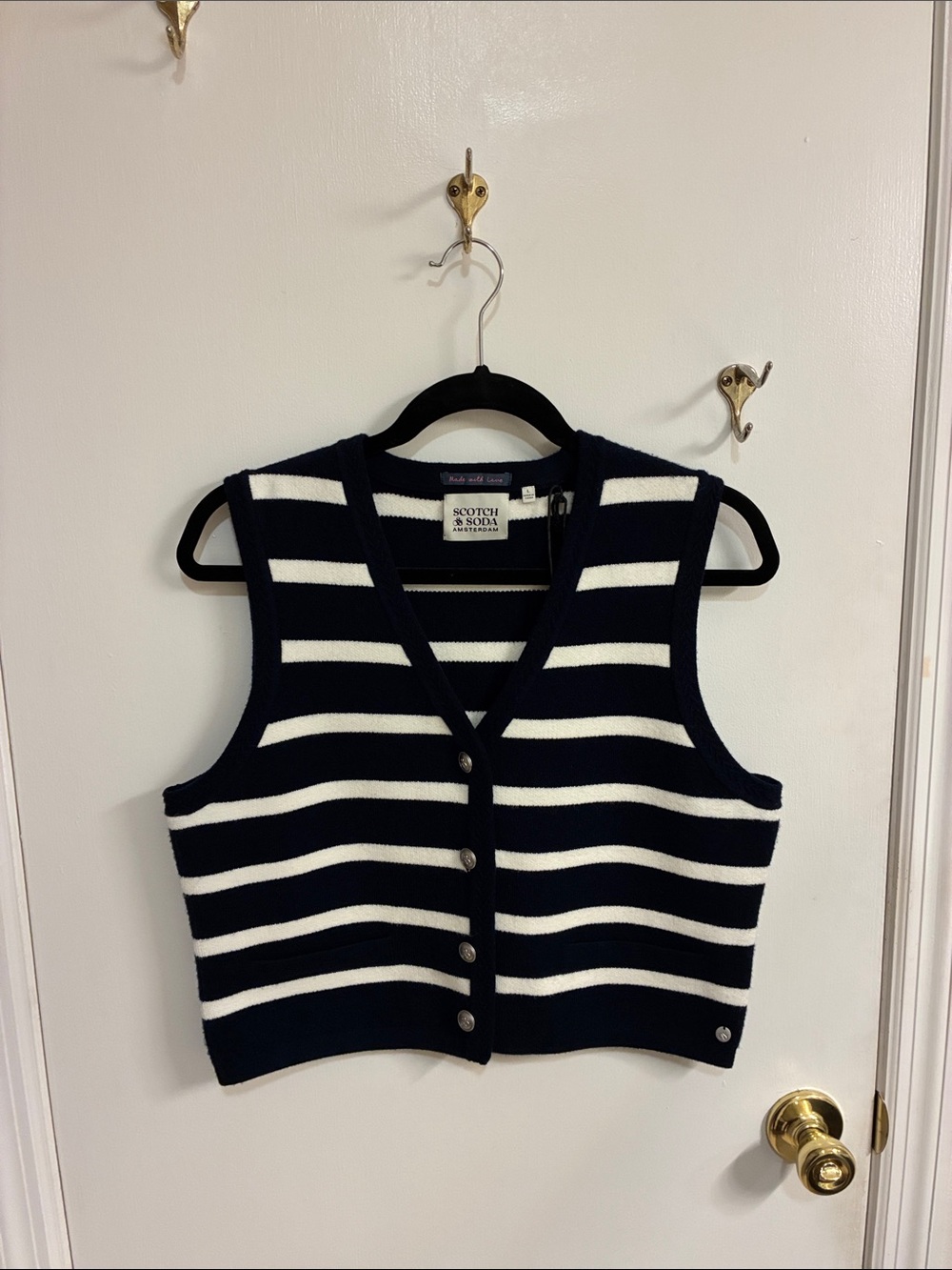 NWT Scotch & Soda Navy & White Striped Knit Button Vest Sz L